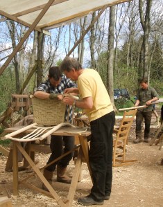 James helping Ian to finish the kambaa seat on his high lath-back chair