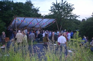 The new shelter working well for dispensing party food 